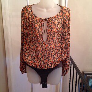 Intimately Free People Sheer Floral Bodysuit Flowy Boho Tie Front Top S